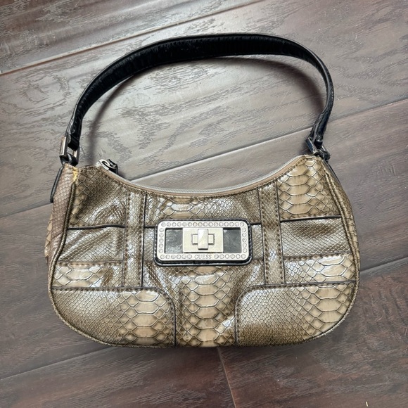 GUESS Snakeskin Embossed Shoulder Bag – Y2K Rhinestone Logo Plate - Picture 2 of 7